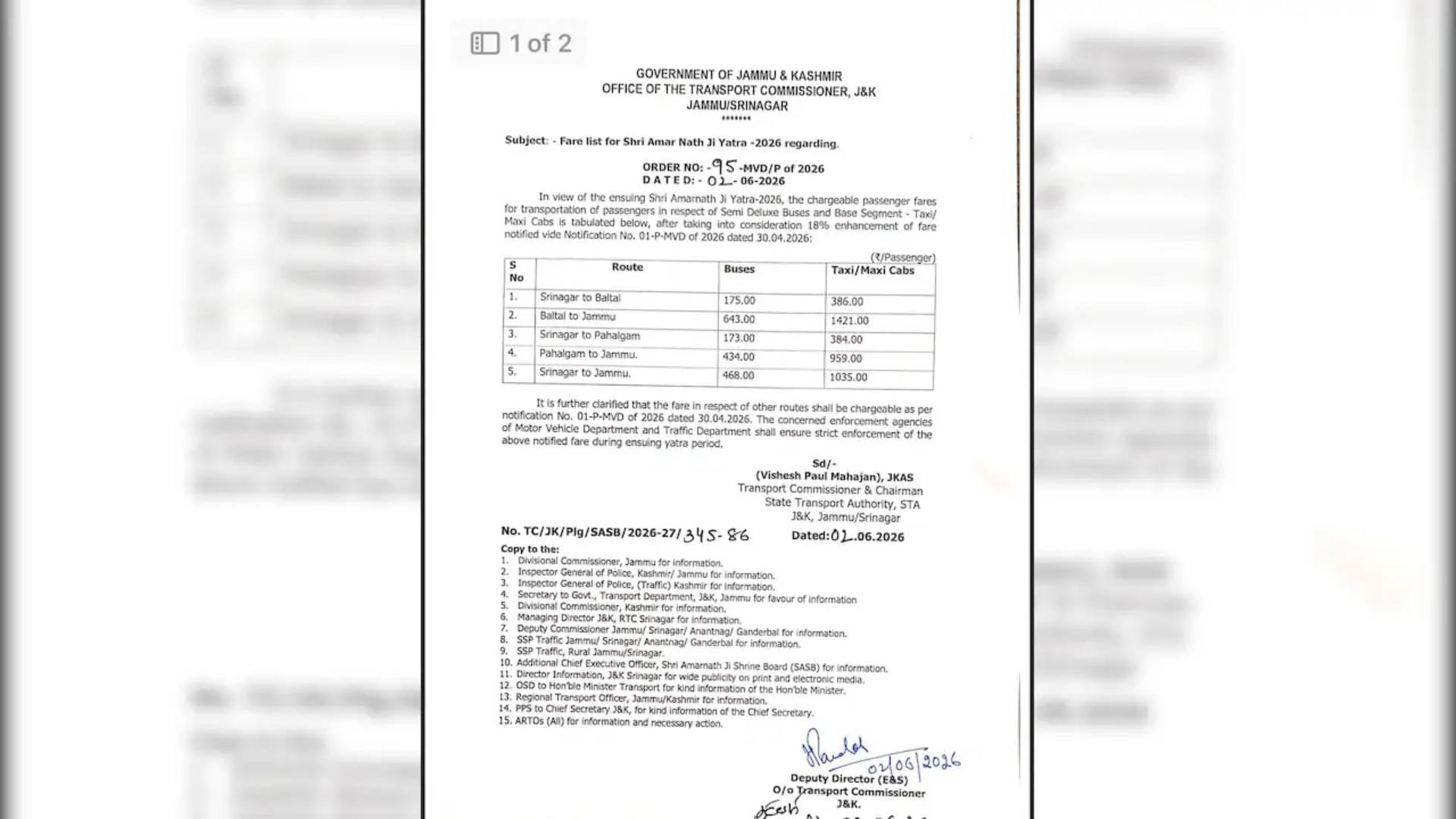 Amarnath Yatra taxi cab auto and bus fare list release from govt
