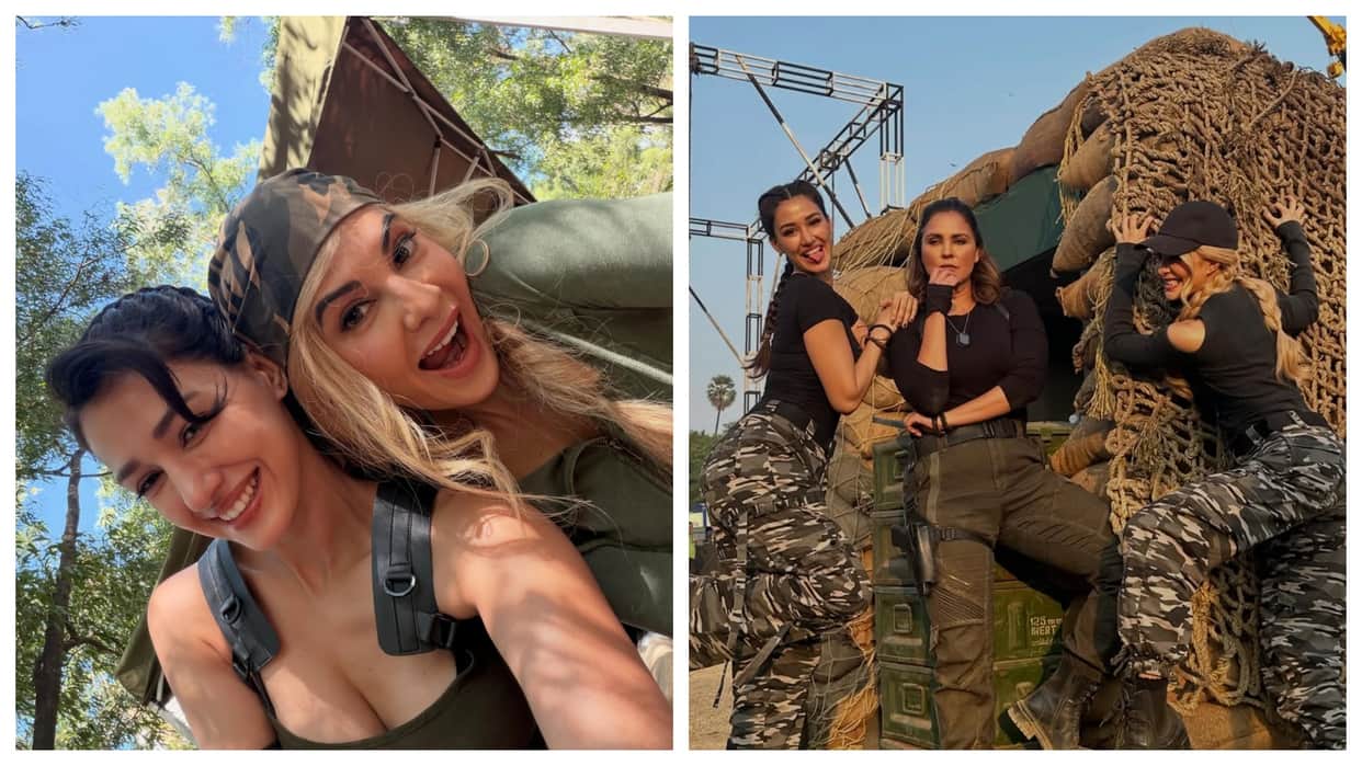 Disha Patani share fun BTS photos of welcome to the jungle with Jacqueline Fernandez Raveena Tandon Lara Dutta