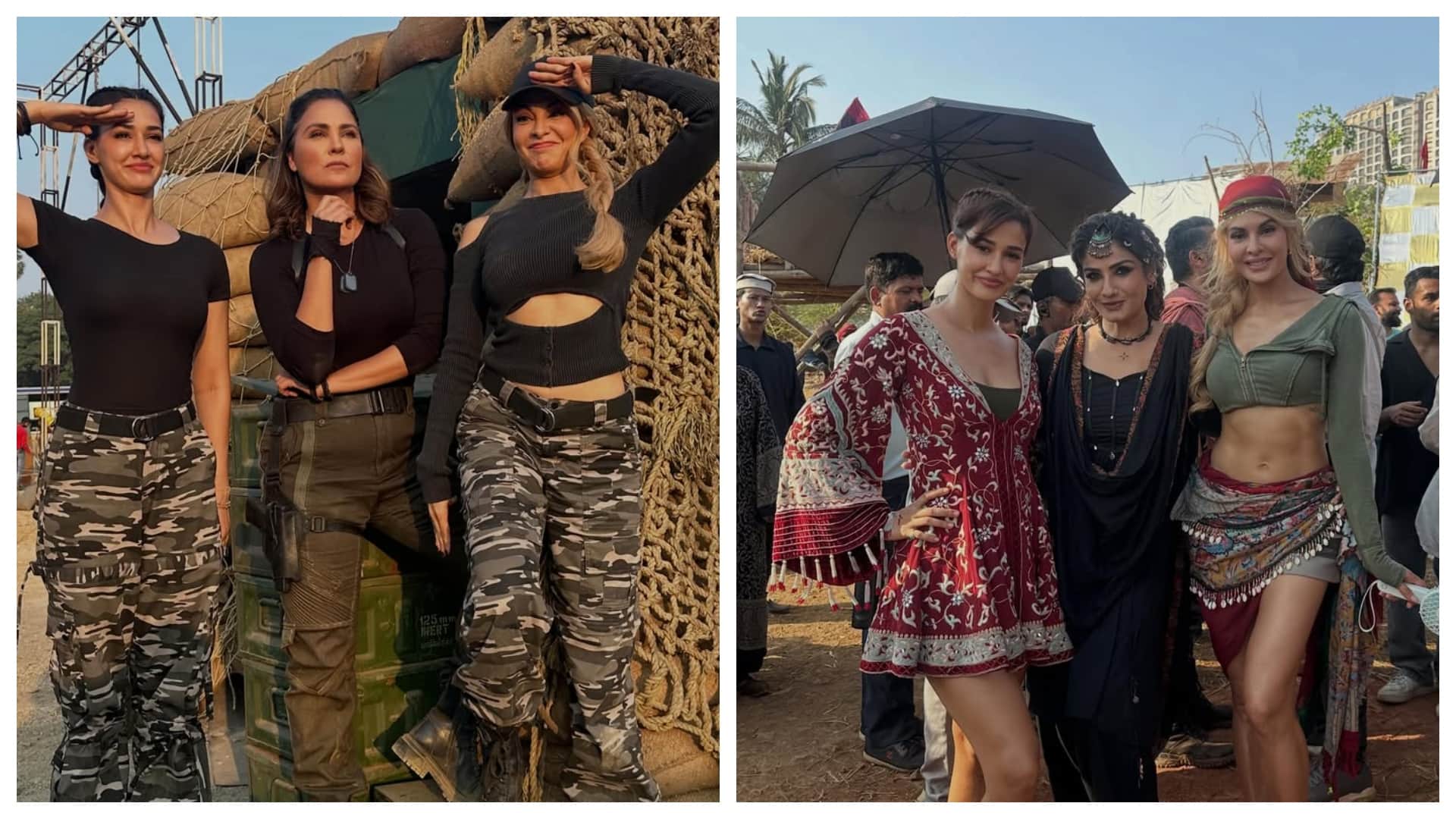 Disha Patani share fun BTS photos of welcome to the jungle with Jacqueline Fernandez Raveena Tandon Lara Dutta