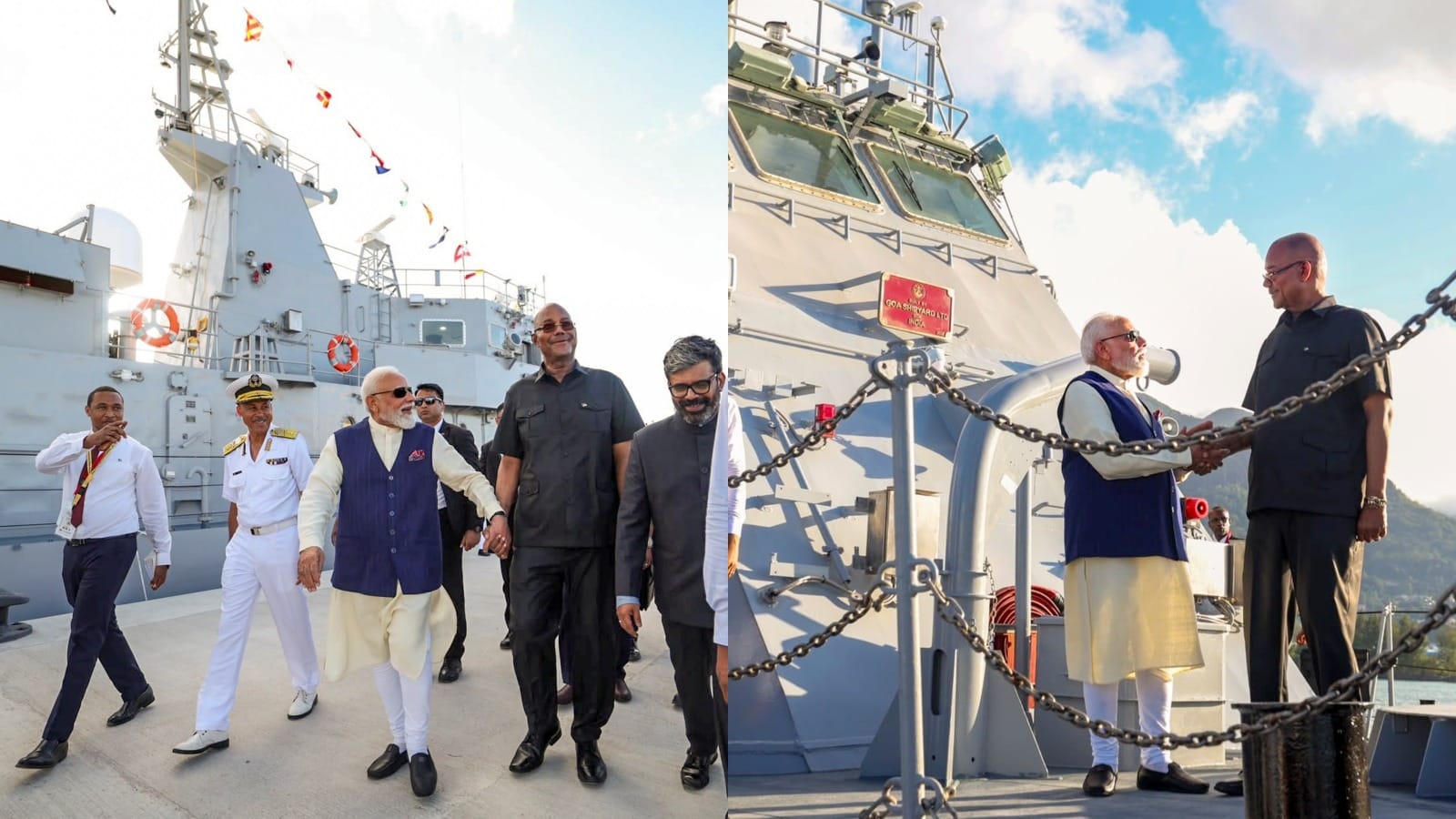pm modi Seychelles visit Patrol Vessel Lespwar gift meets 194 year old tortoise Jonathan president herminie