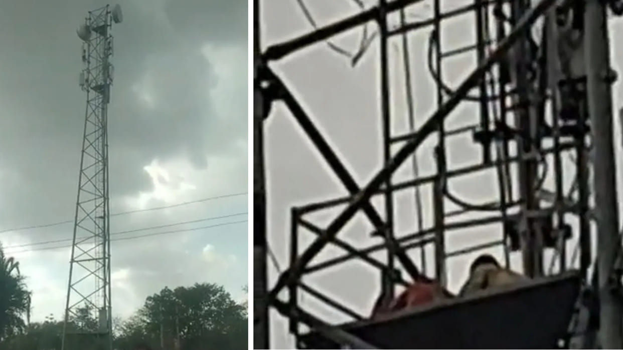 Land dispute escalates in Ashoknagar; two tribals climb a 100-foot tower seeking justice.