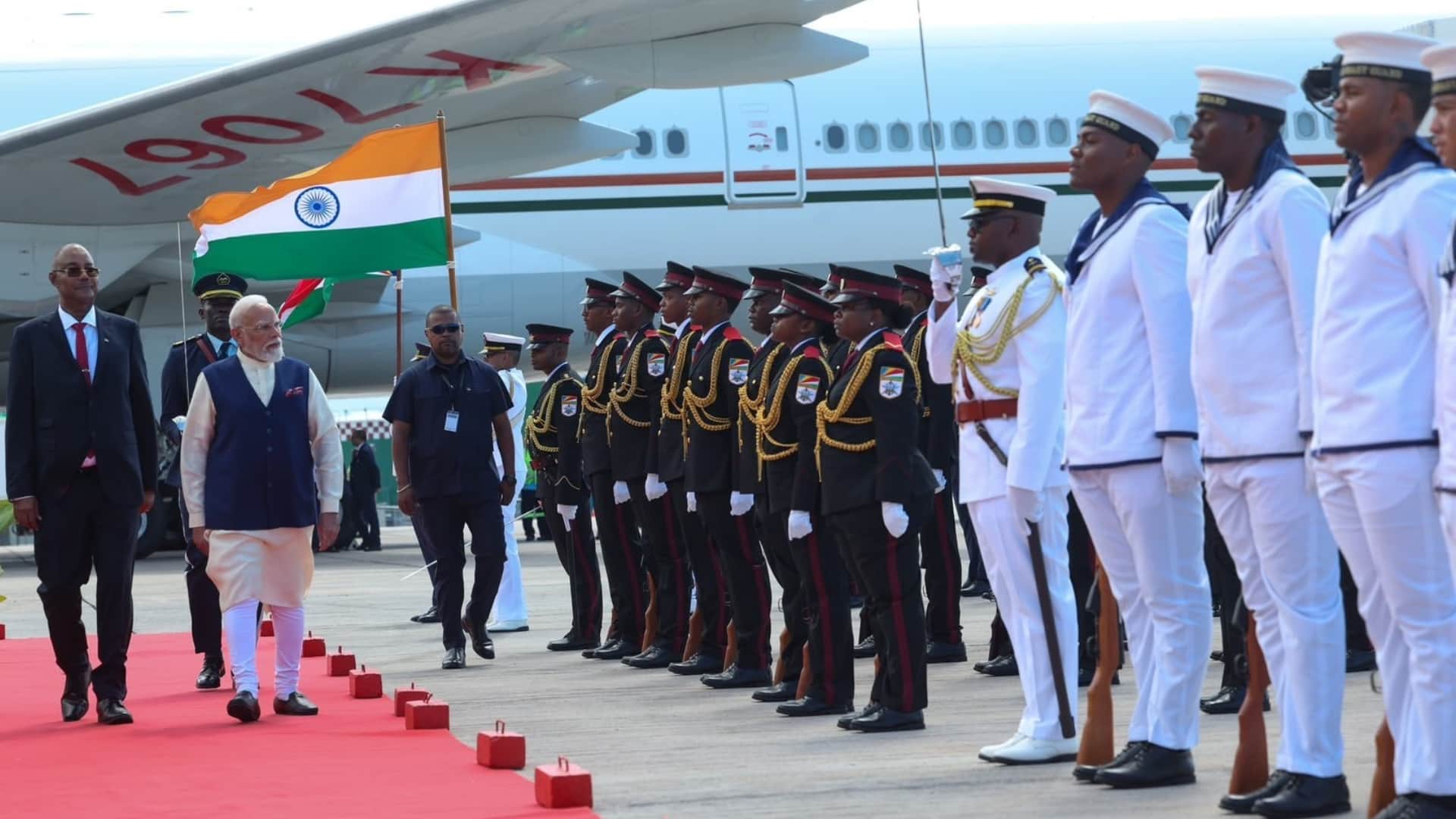 pm modi Seychelles visit Patrol Vessel Lespwar gift meets 194 year old tortoise Jonathan president herminie