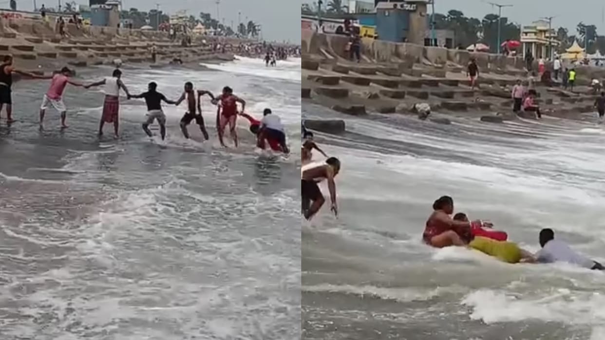 Woman Was Drowing With Fatal Waves In Digha Beach Of West Bengal But Rescued With Human Chain