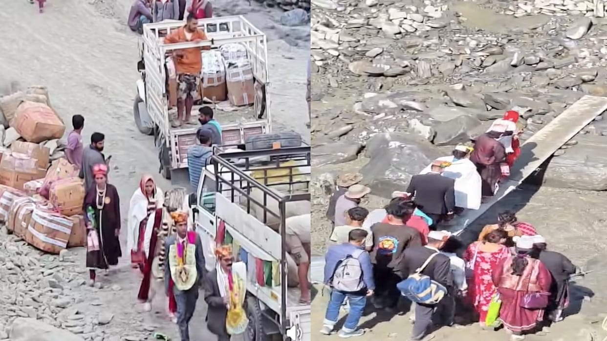 flooded Jahlma nala halts wedding procession; bride reaches home with the help of a girder.