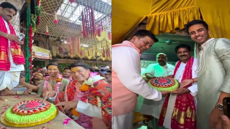 Mayor of Bareilly dr umesh gautam cut cake at Banke Bihari Temple on his birthday