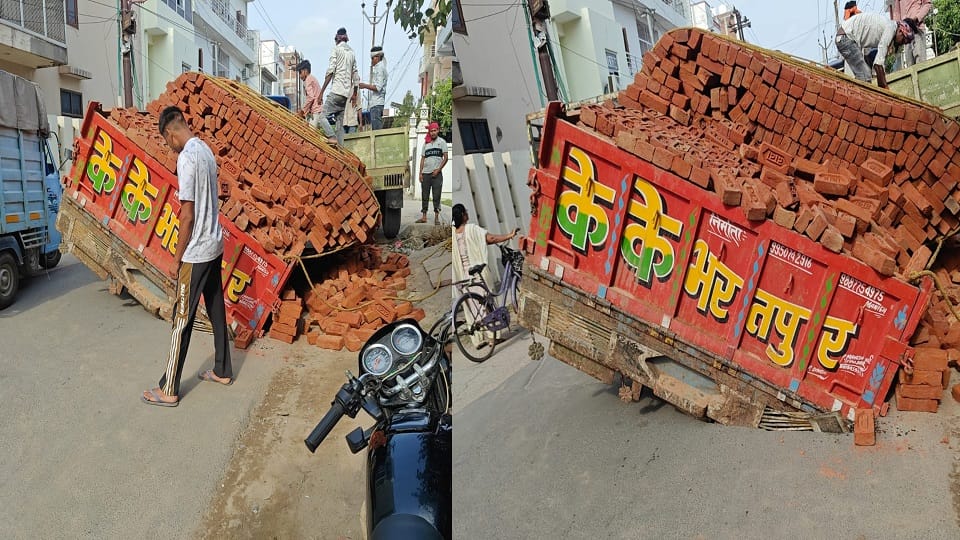 Tractor-trolley gets stuck after road caves in Agra