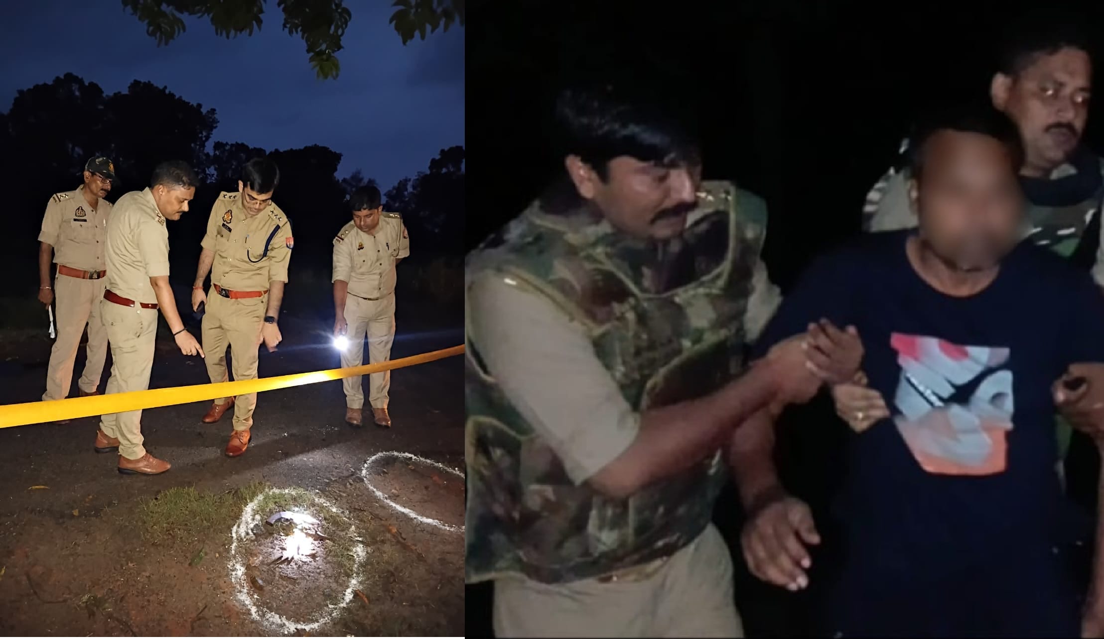 घटनास्थल पर जांच करती पुलिस और पुलिस की गिरफ्त में आरोपी