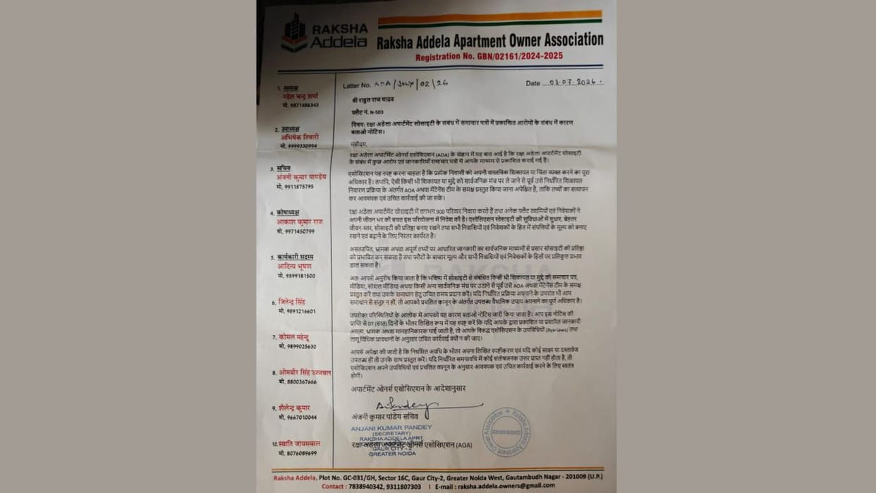 AOA sends show-cause notice to resident in Greater Noida for reporting falling plaster