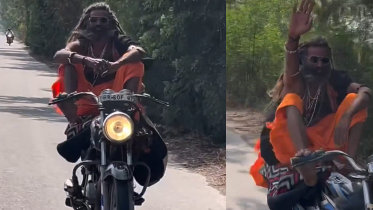 Baba performs dangerous bike stunt on road video goes viral on social media
