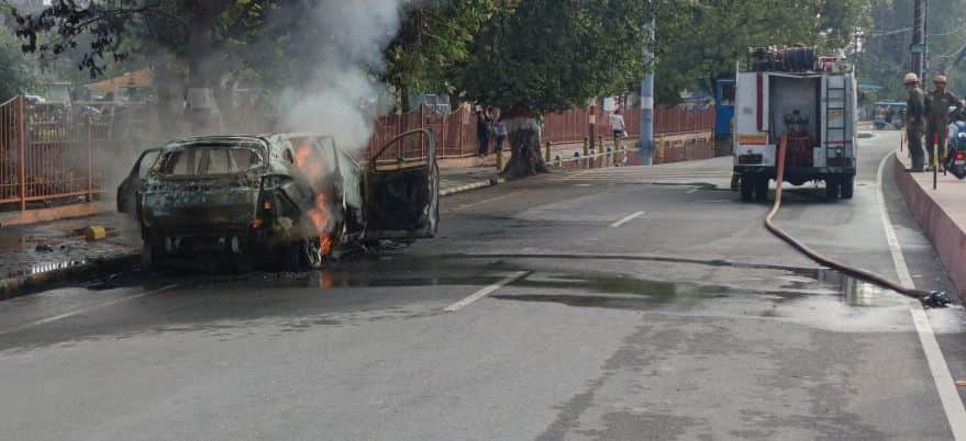 EV Car Catches Fire During Demo in Vrindavan, Driver Jumps Out to Escape Safely