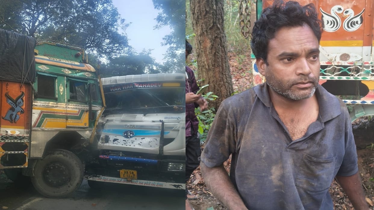 Horrific collision between two trucks in Yamunanagar; motorcyclist's life saved by wearing a helmet.