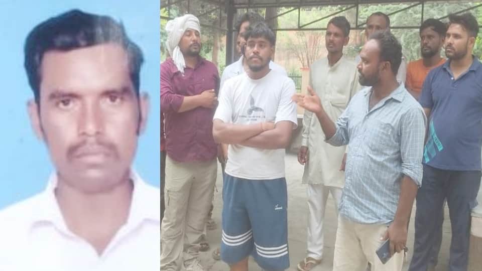 सचिन की फाइल फोटो और पोस्टमार्टम हाउस पर परिजन।