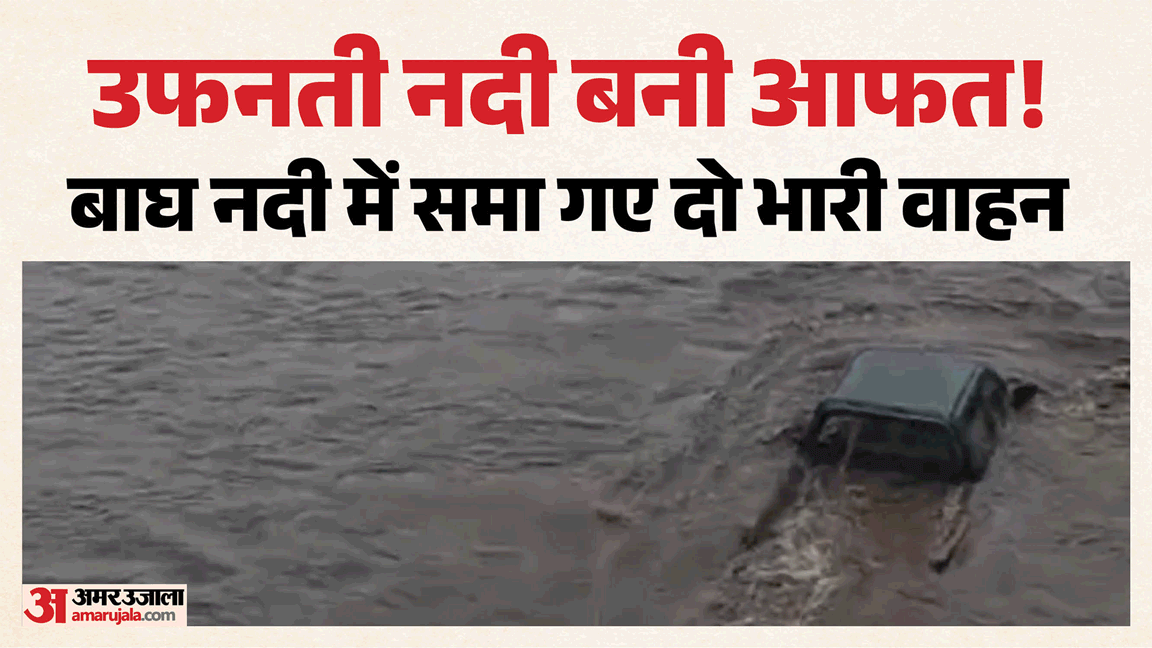 बारिश से आई बाढ़, बाघ नदी में बह रहे वाहन।