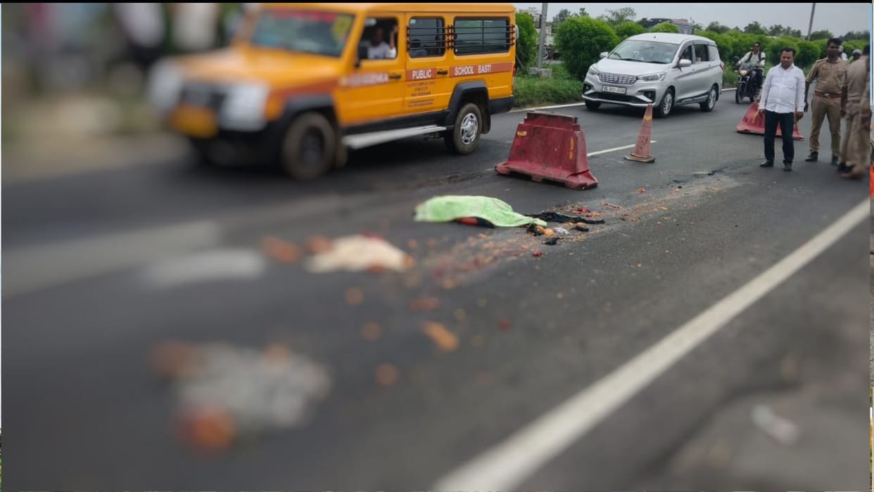 Out-of-control truck runs over couple on motorcycle in Basti; wife dies, husband injured.