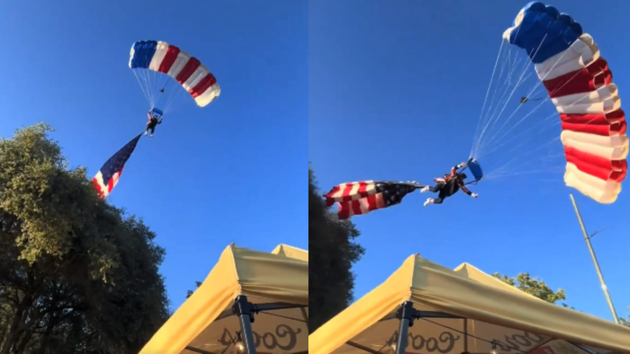 Us california skydiver carrying american flag parachute gets stuck in tree during the rodeo show viral video