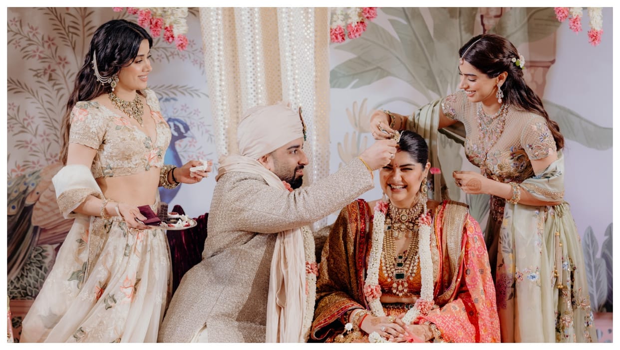 Khushi Kapoor fulfils bridesmaid duties helps sister Anshula during her sindoor moment at wedding see photos