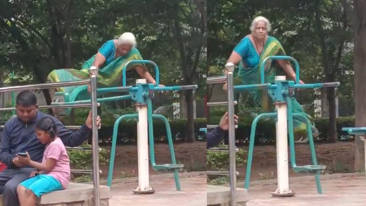 Elderly woman completed the gen z challenge at the park open gym video goes viral