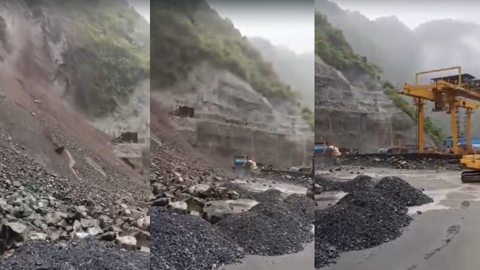 Vikasnagar Debris from hillside fell at Lakhwar Dam project site operator saved life by jumping from JCB