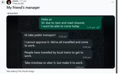 Manager Forces To Come Employee In Heavy Rain In Pune He Denies And Ask To Resign Viral news