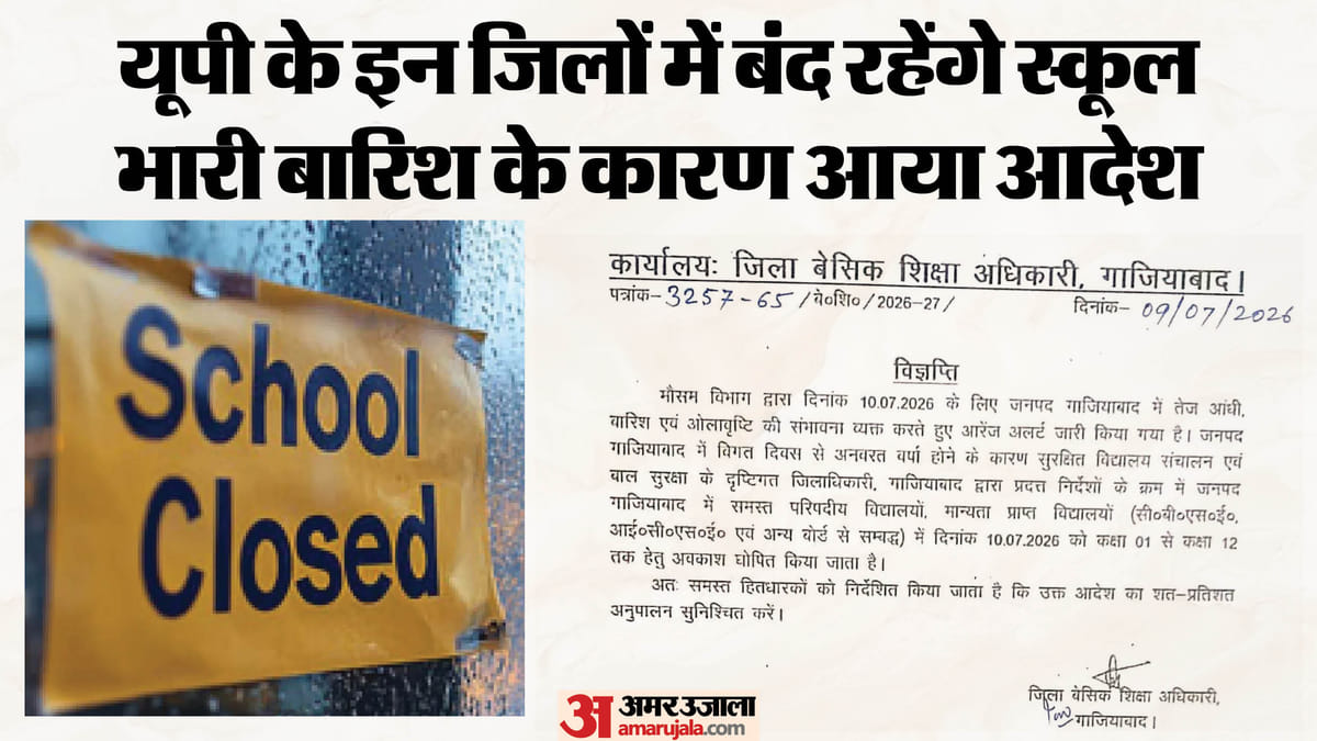 कल बंद रहेंगे स्कूल: यूपी के इन दो जिलों में भारी बारिश का अलर्ट, पहली से 12वीं तक के विद्यालय नहीं खुलेंगे