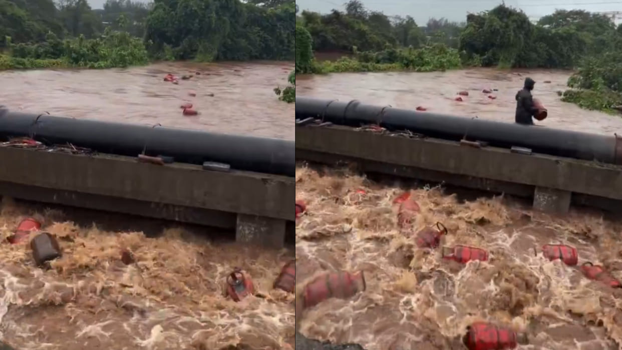 Maharashtra thousands of lpg cylinders swept away in flood water video goes viral