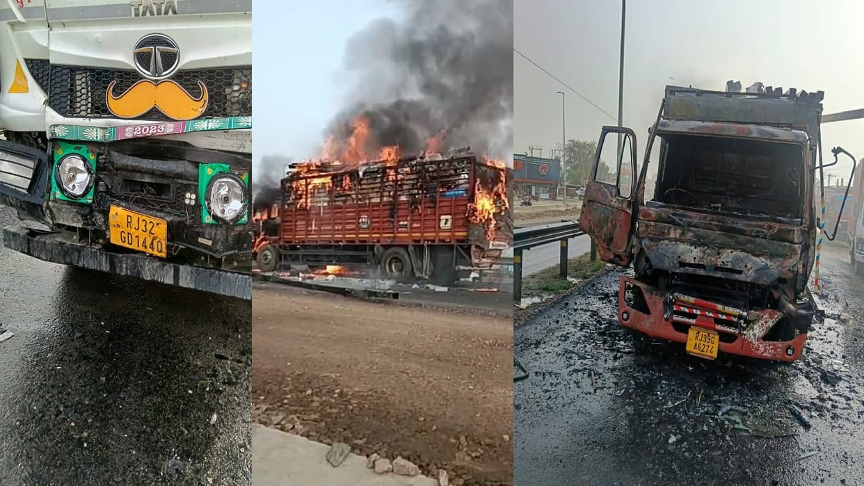 Accident on Delhi-Jaipur Highway in Dharuhera: Canter turns into a fireball after colliding with a dumper
