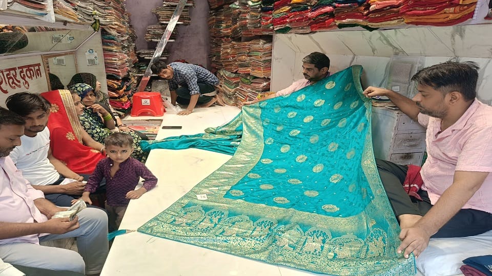 Silk sarees embellished with zari moti
