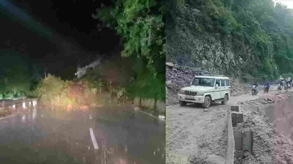 Mussoorie Dehradun Road Debris from hillside slid onto road amid rain vehicles remained stranded