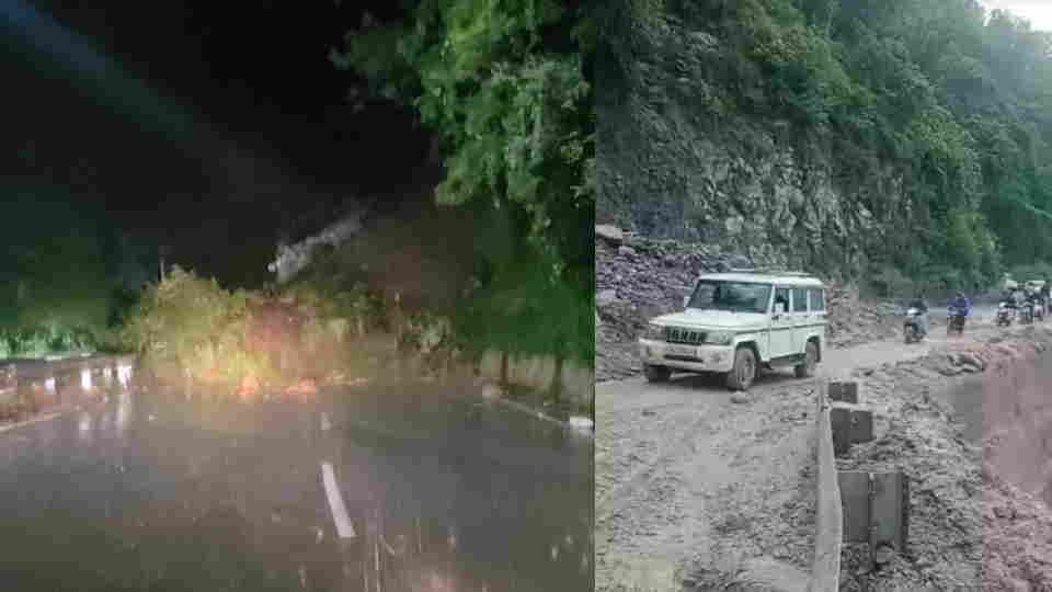 Mussoorie Dehradun Road Debris from hillside slid onto road amid rain vehicles remained stranded