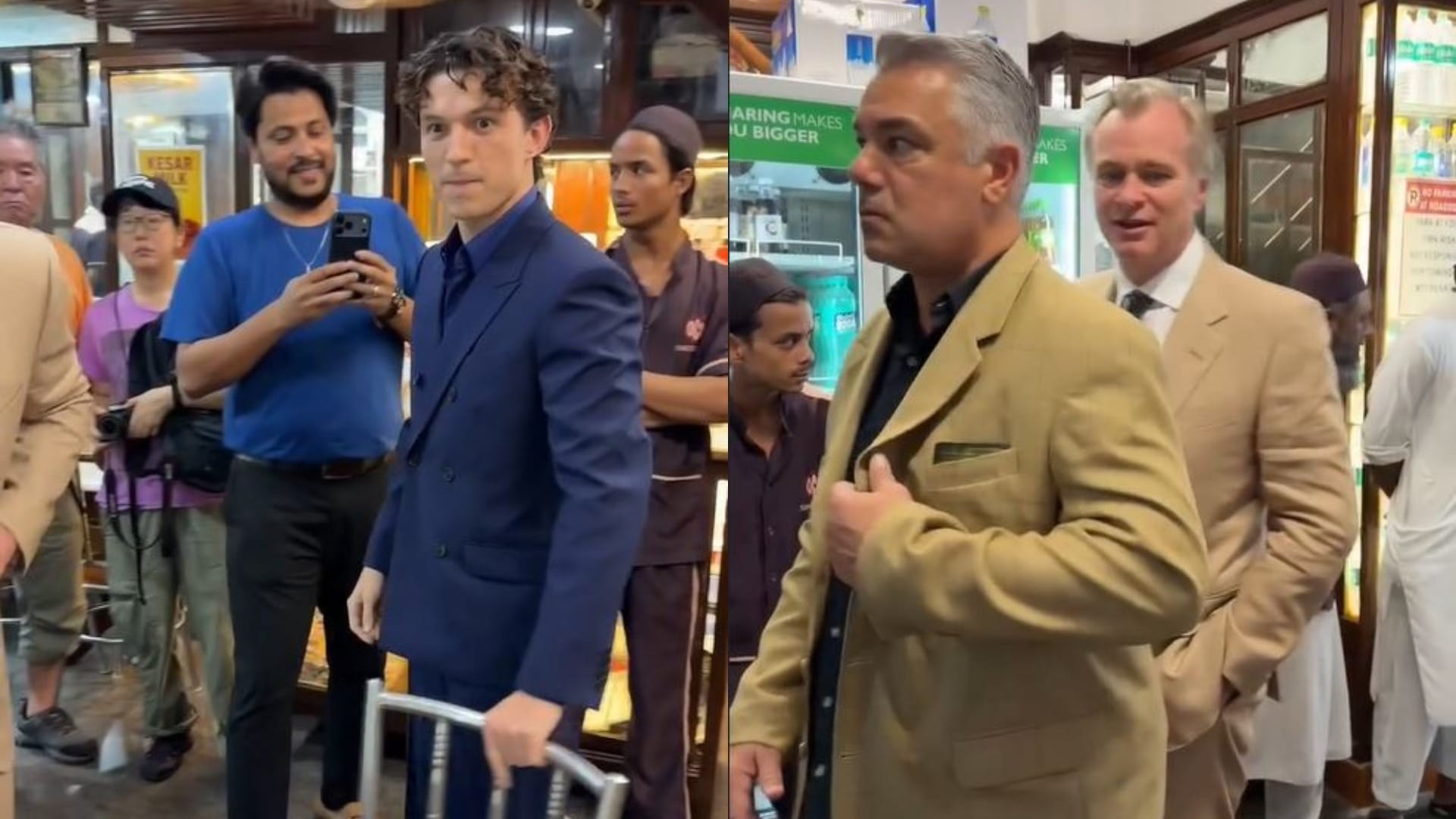 Tom Holland and christopher Nolan took tea break in mumbai before The Odyssey premier