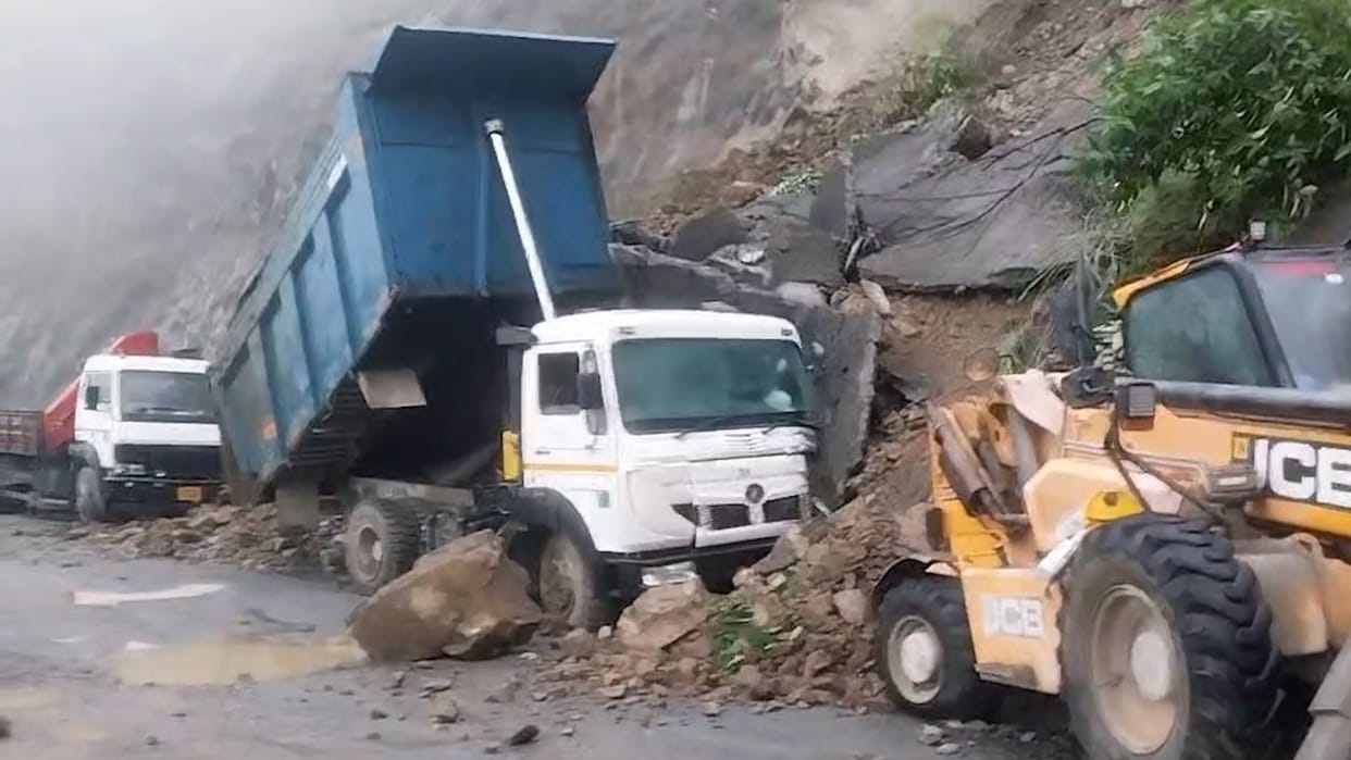 Debris suddenly collapses at dam project construction site dumper and JCB damaged Kalsi Vikasnagar Uttarakhand