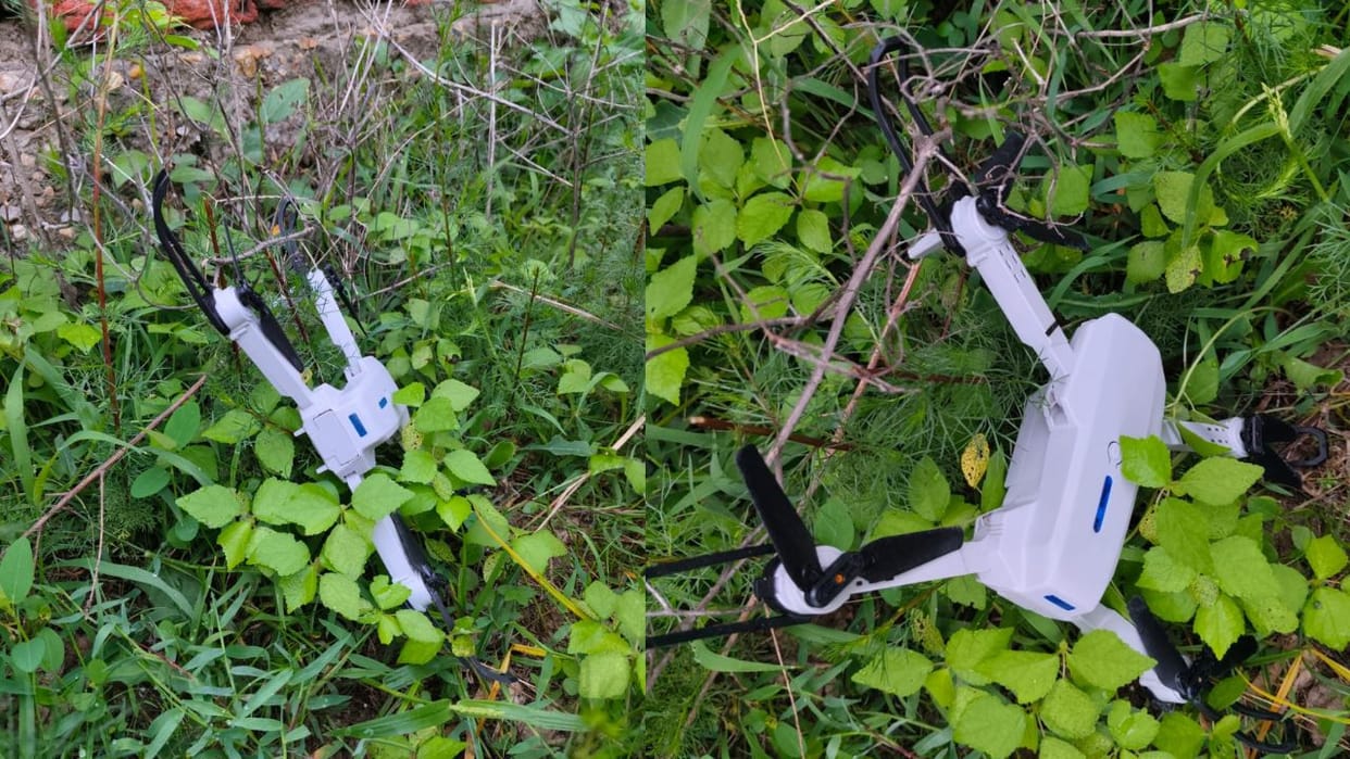 Suspicious drone found in a field in Samba; sent for forensic examination.