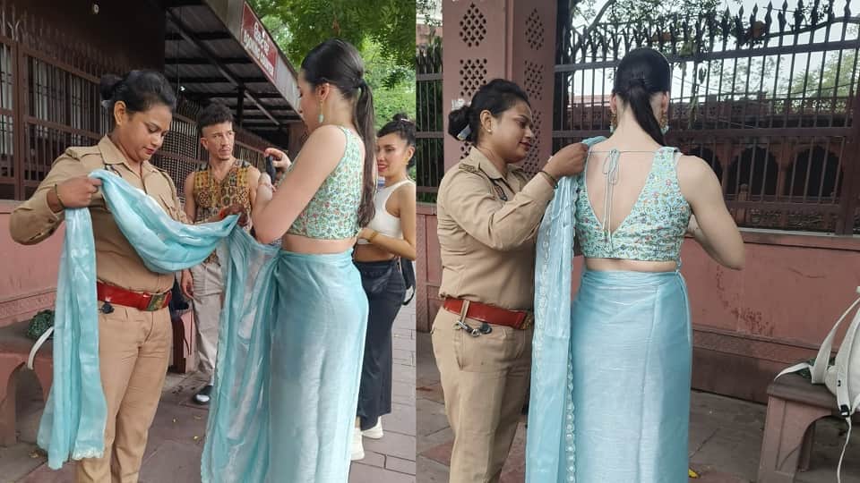 UP Police Wins Hearts at Taj Mahal, Woman Constable Helps Argentine Tourist Drape Her Saree
