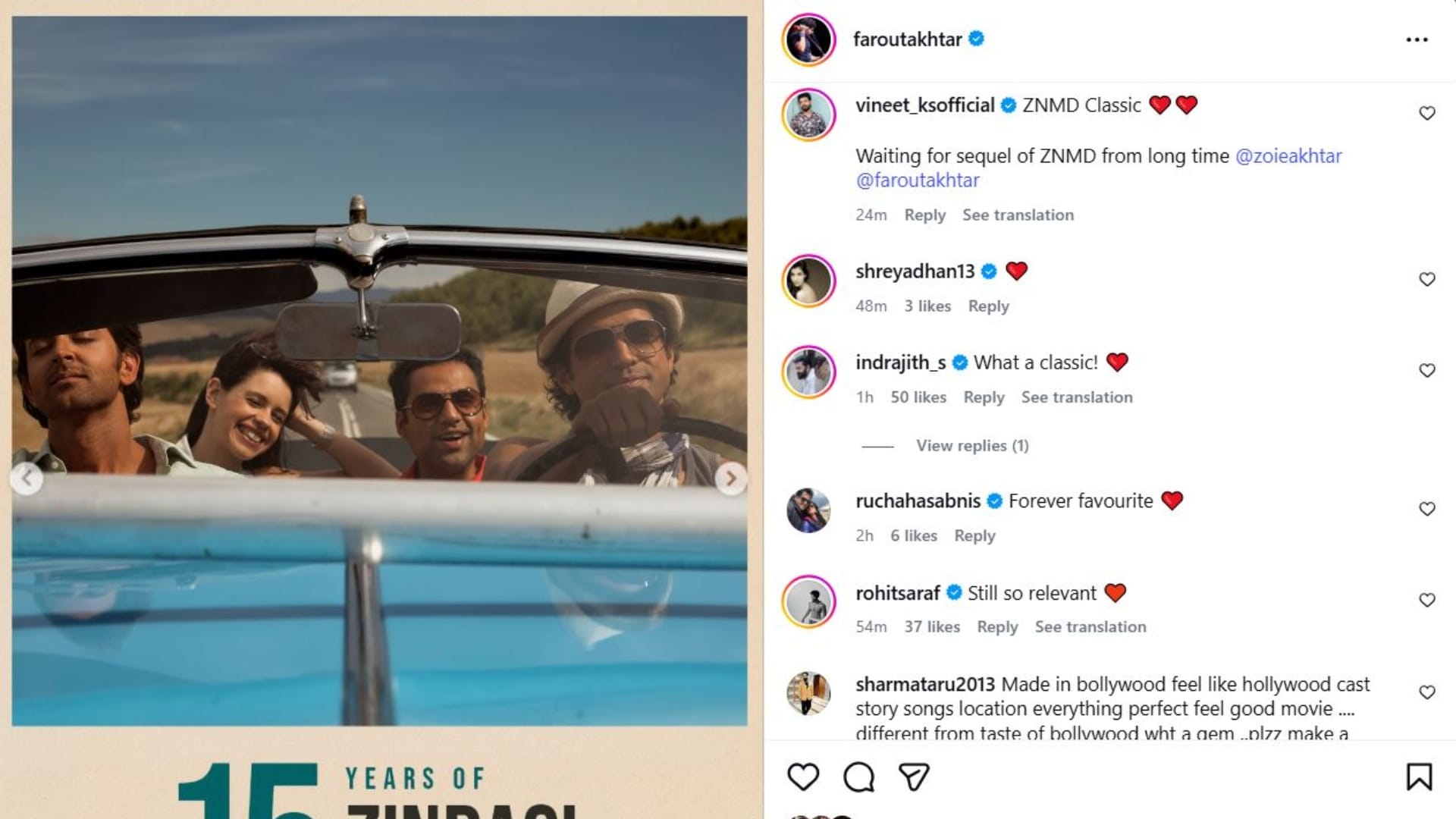 Farhan Akhtar Celebrates 15 years of Zindagi Na Milegi Dobara celebs comment on his post
