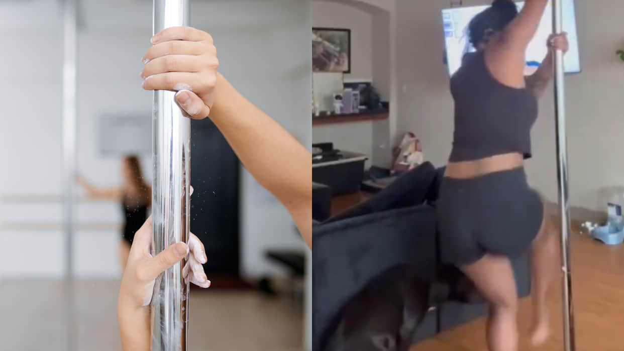 Woman pole dancing at home pillar broke from the roof and a flood water from fire sprinklers viral video