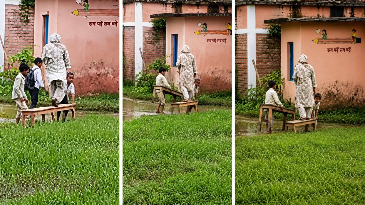 Araria Teacher Faces Probe After Viral Video Shows Children Carrying Benches Through Water bihar news