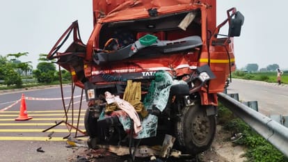 Varanasi Accident DCM truck rams into dumper Ring Road driver killed body extricated cutting open cabin