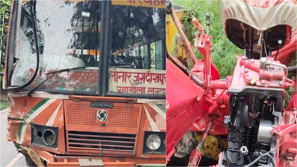 Roadways Bus Collides Head-On with Tractor-Trolley Vehicle Split into Three Pieces