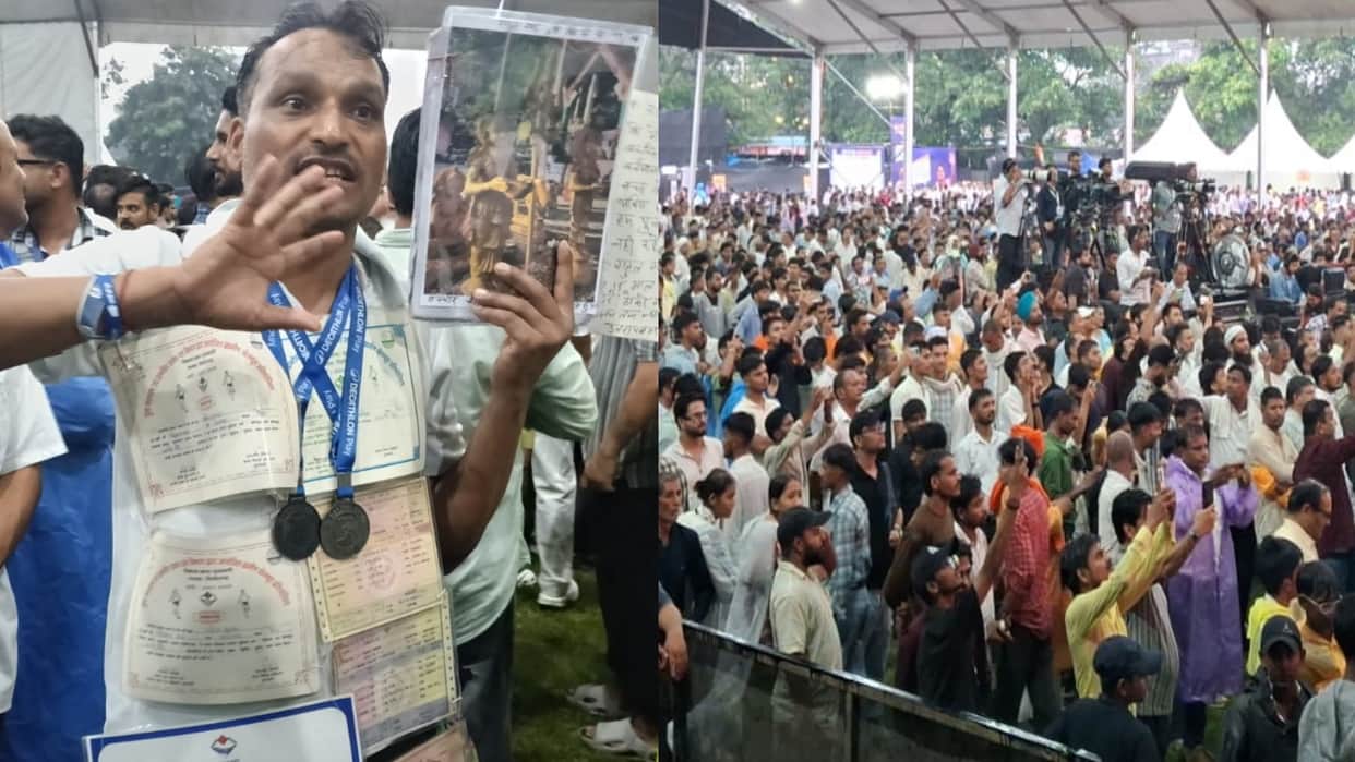 Rahul Gandhi Dehradun Visit Unemployed Youth Wears Academic Degrees Around Neck at Chhatron Ki Goonj Event
