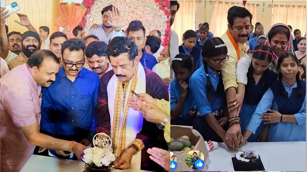 Gorakhpur MP Ravi Kishan cut a cake with visually impaired children on his birthday.