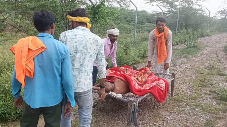 Elderly man rendered unconscious by a venomous insect bite; carried to the hospital on a cot