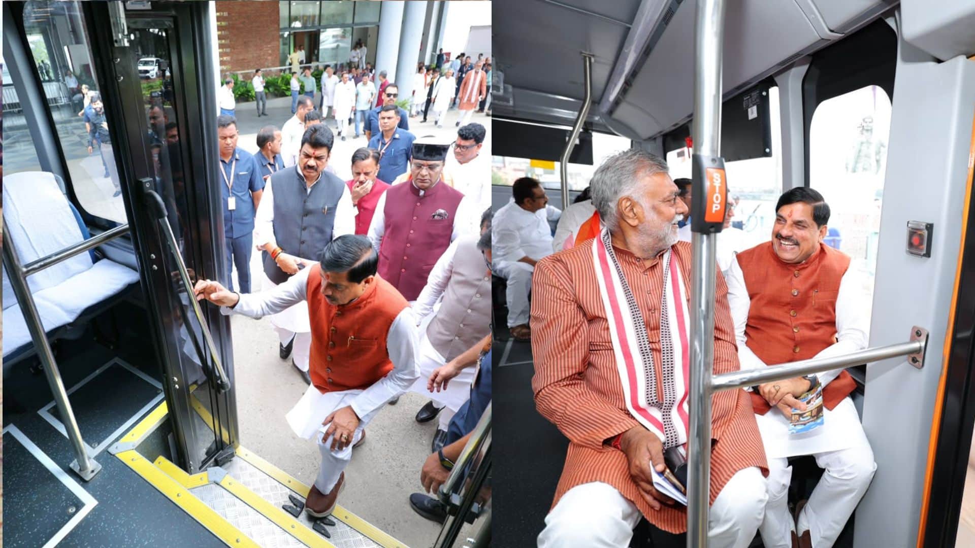 सीएम जगदीशपुर जाने बस में सवार होते और दूसरी तस्वीर में सीएम के साथ बैठे मंत्री प्रहलाद पटेल