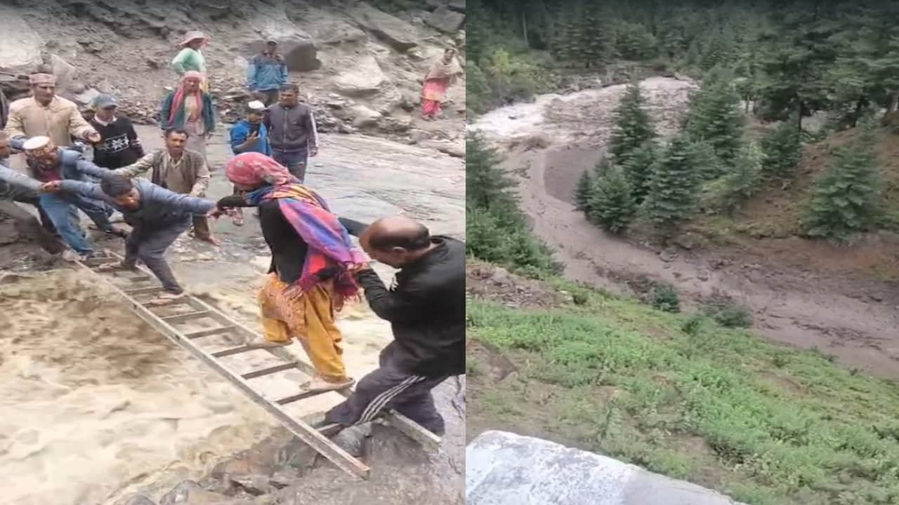 पांगी में बादल फटने से नाले में आई बाढ़।