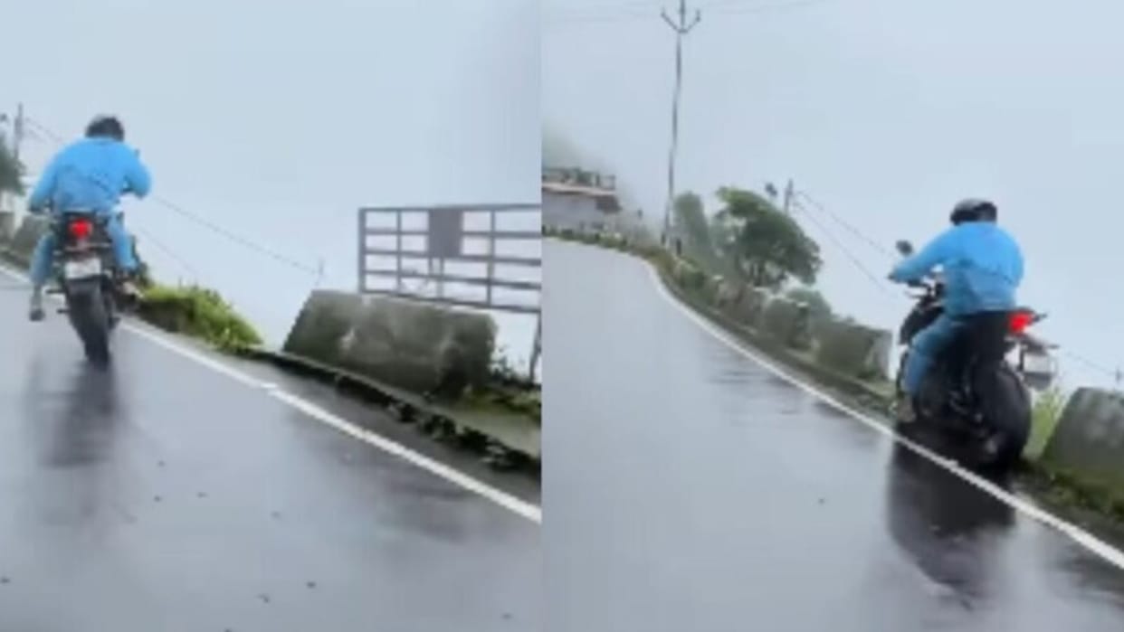 viral biker loses control on slippery hill road in kurseong viral video