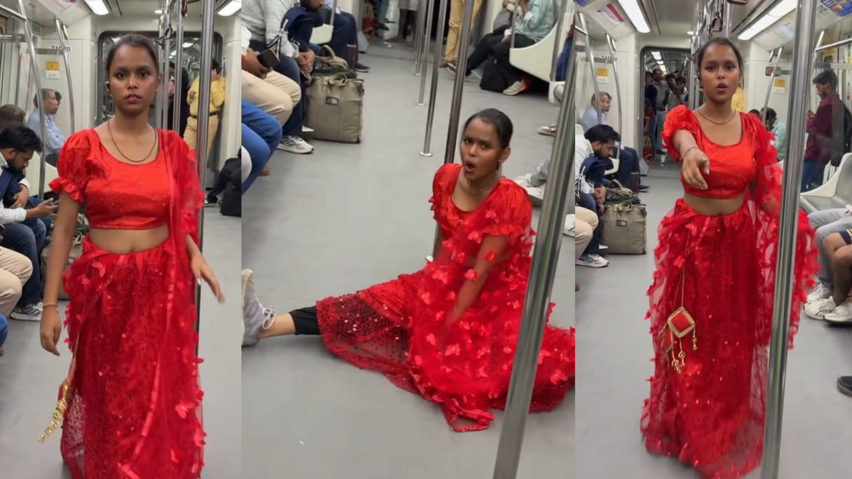 Girl performed weird dance while making a reel on the metro wearing red saree viral video