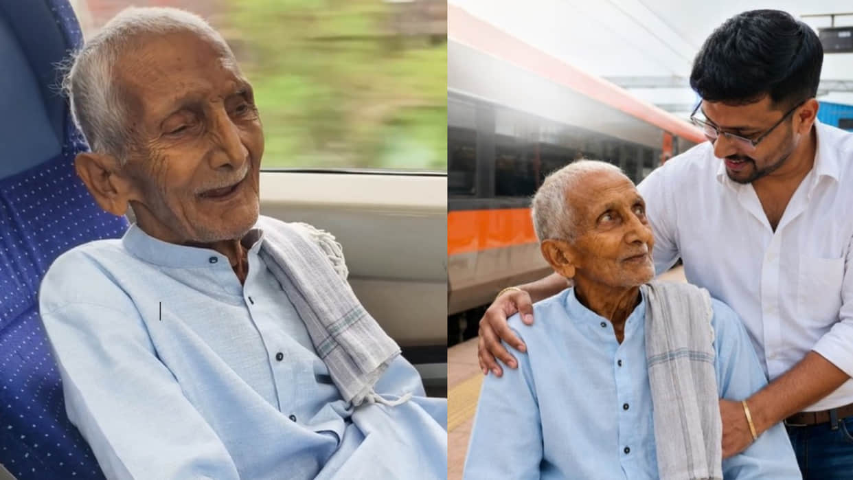 Son takes father on vande bharat video wins hearts users in social media