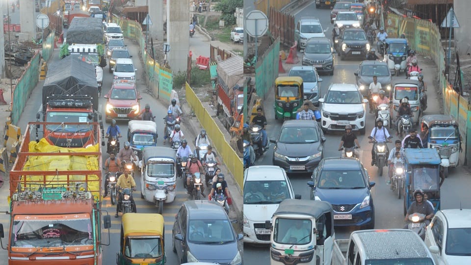 Traffic jam on highway due to metro construction work in agra