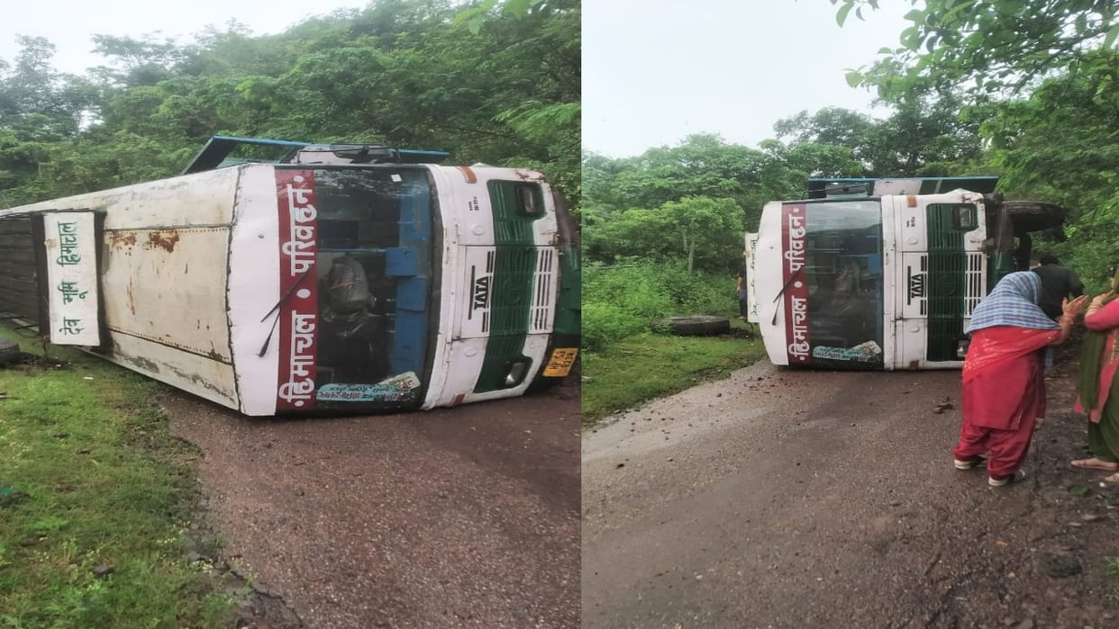 HRTC bus overturns on road after brake failure, driver's presence of mind averts major accident