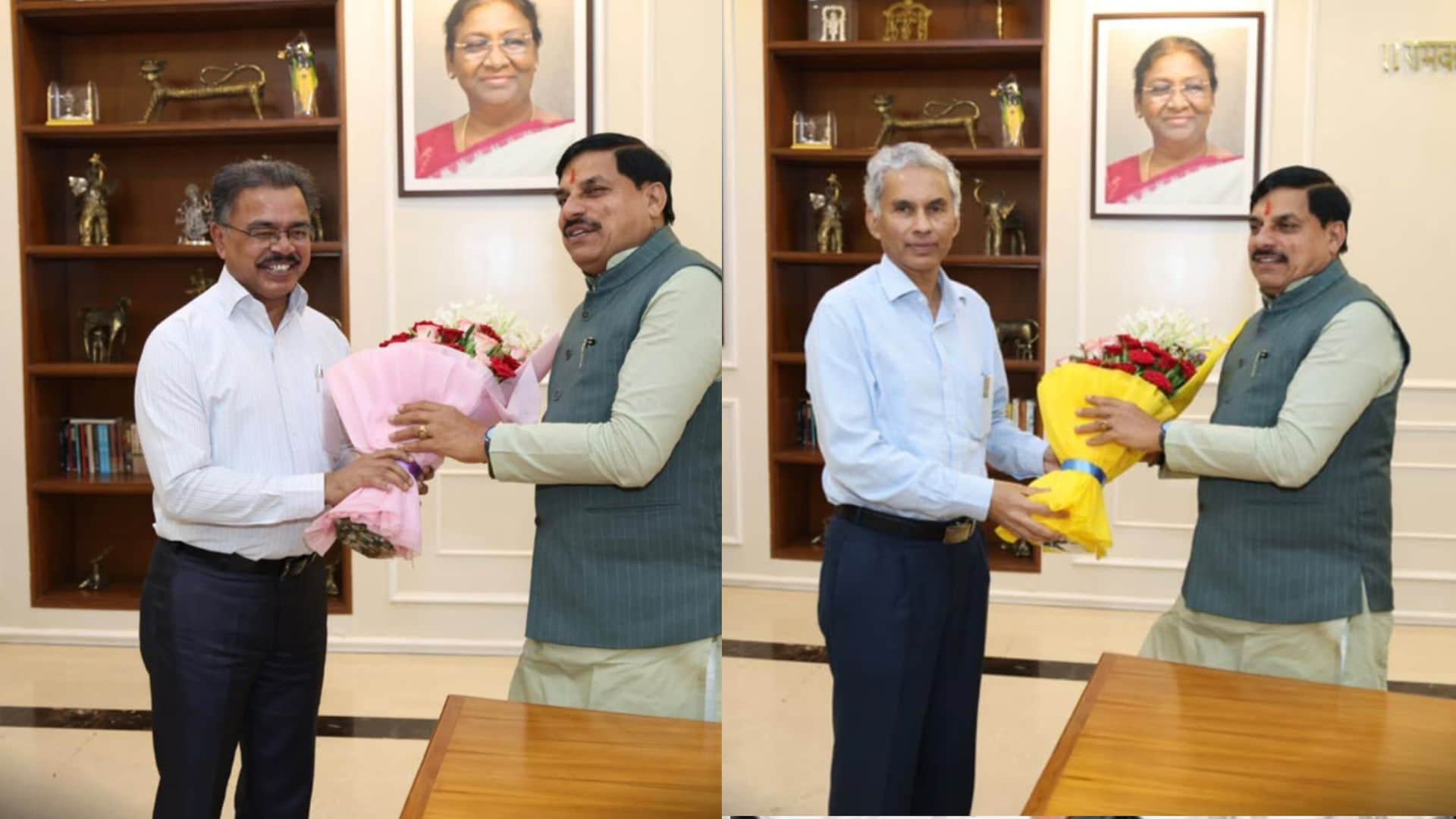 पहली तस्वीर में सीएम के साथ आईएएस अशोक वर्णवाल और दूसरी में सीएस अनुराग जैन