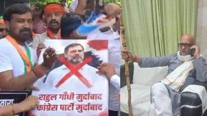 प्रदर्शन करते भाजपाई व लाठी लेकर बैठे कांग्रेस अध्यक्ष।